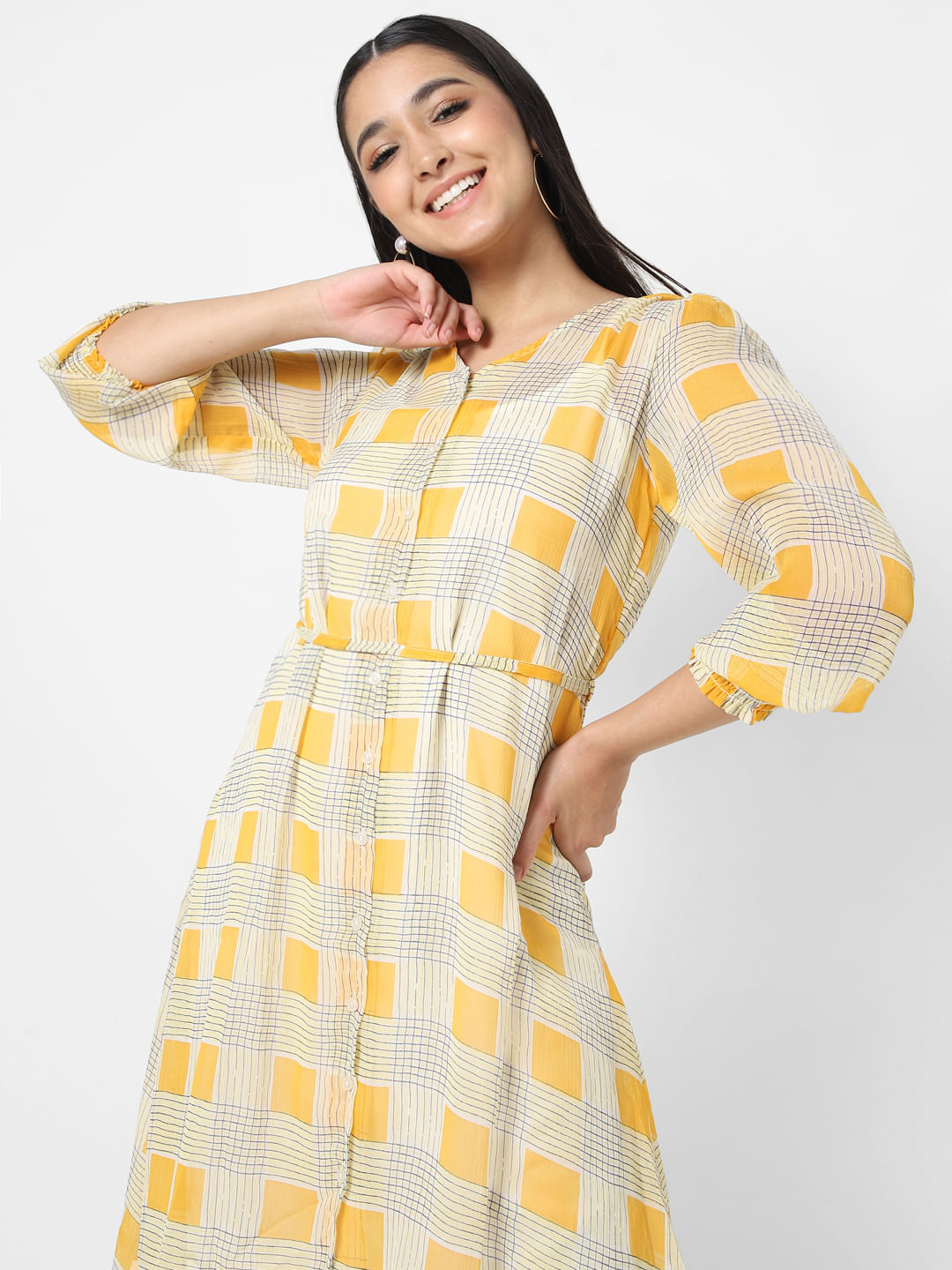 Buy ZOLA Frock Style Checks Kurti with Pockets for Women Yellow at Amazon.in